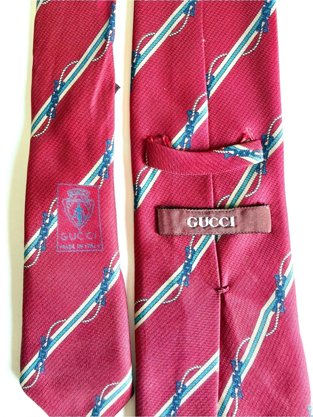 GUCCI Vintage Silk Tie Red Diagonal Stripe Nautical Rope Interlocking GG 80s